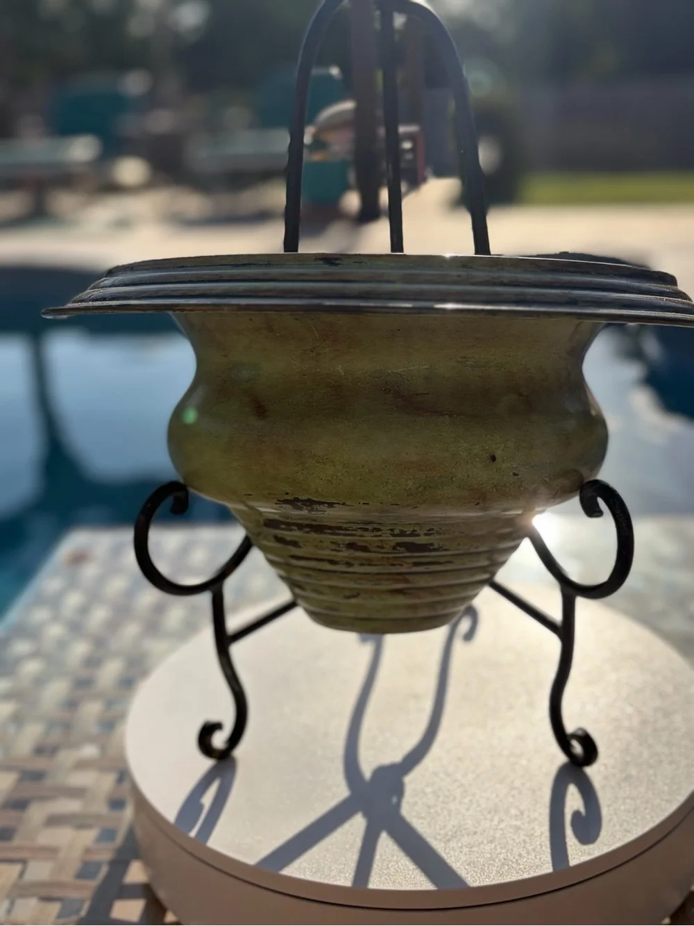 Green Ceramic Hanging Planter with Black Metal Stand